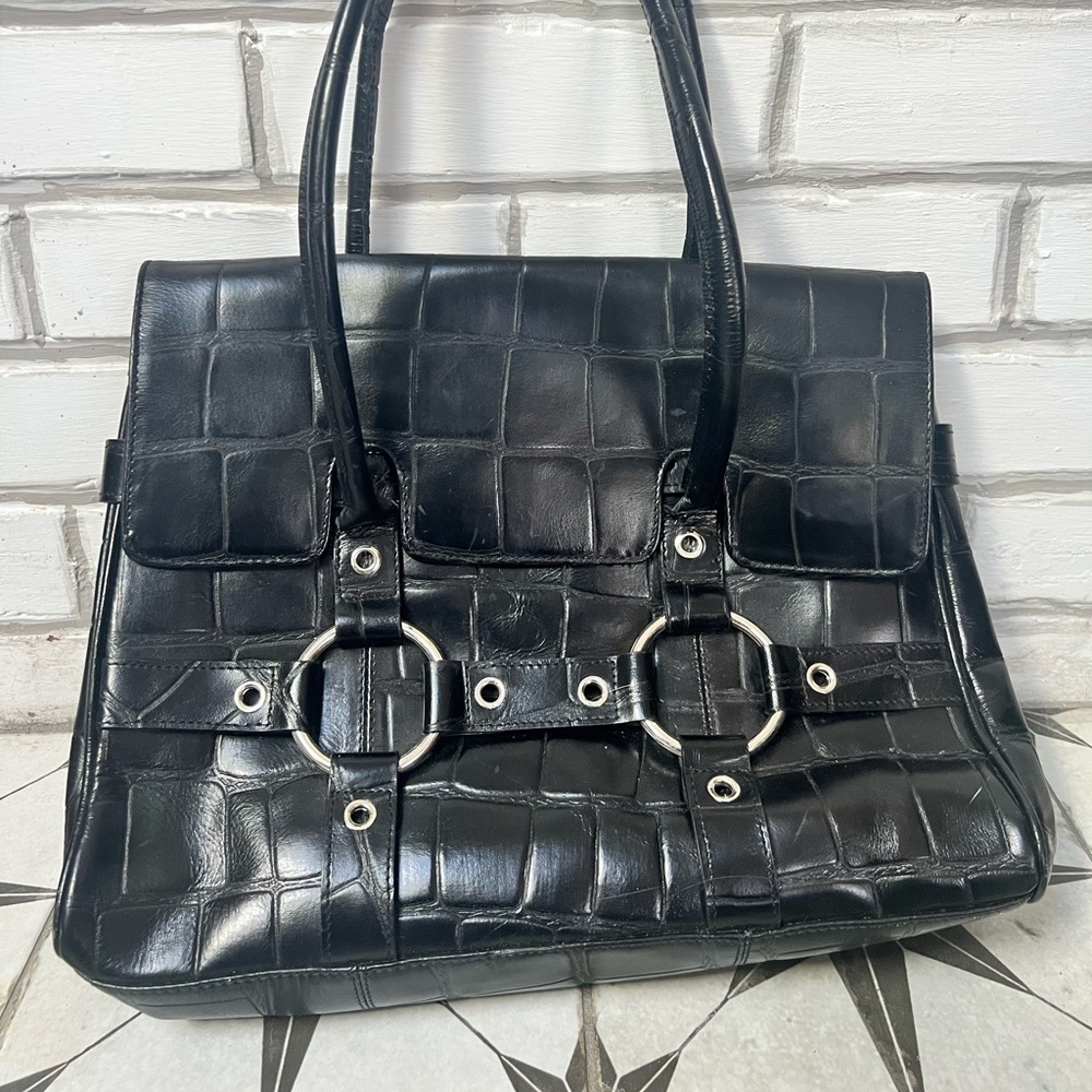Black Croc-Embossed Shoulder Bag with Silver Hardware